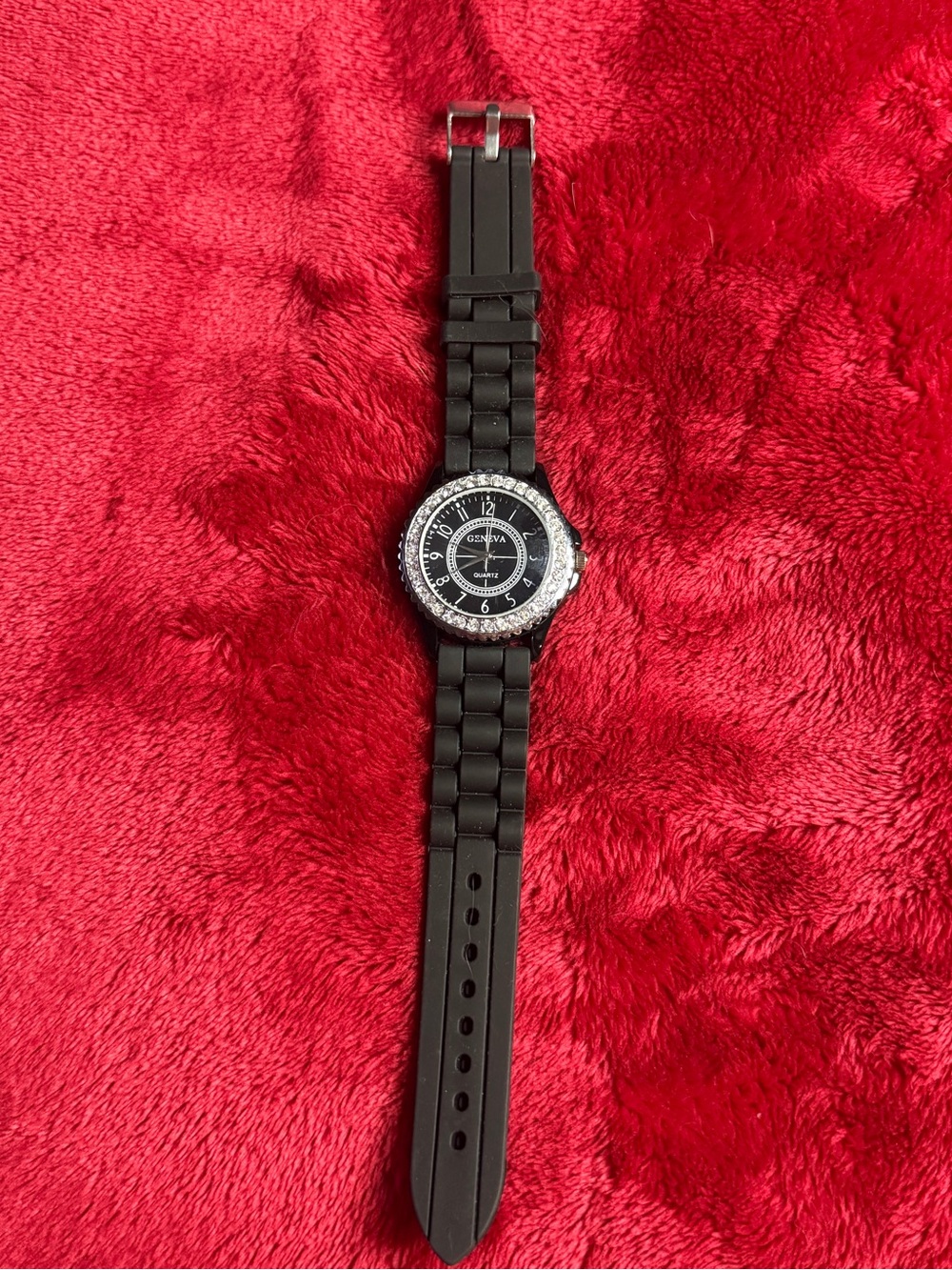 Geneva Black Silicone Link Watch Rhinestone Bezel Crystal Accent Y2K Whimsigoth